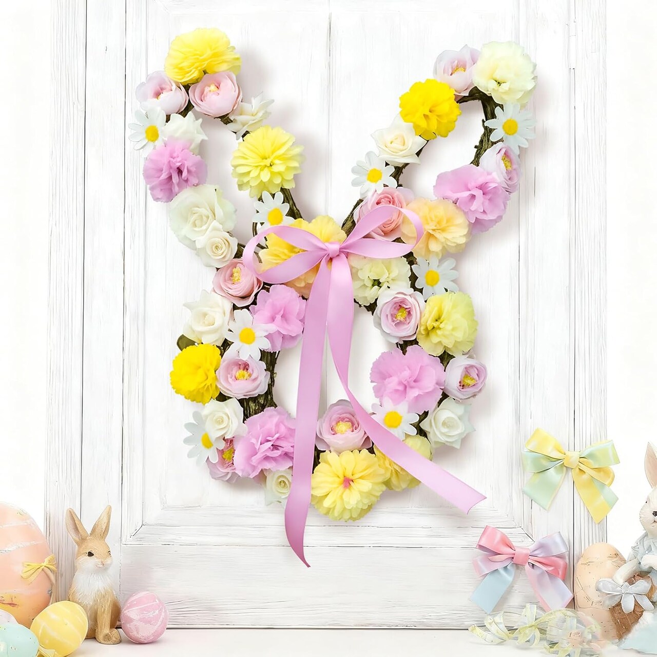 Easter Bunny Wreath – Spring Floral Rabbit Door Decoration with Pink Bow for Indoor & Outdoor